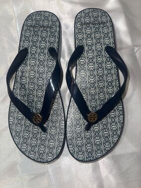 Tory Burch Navy Patterned Logo Flip Flops